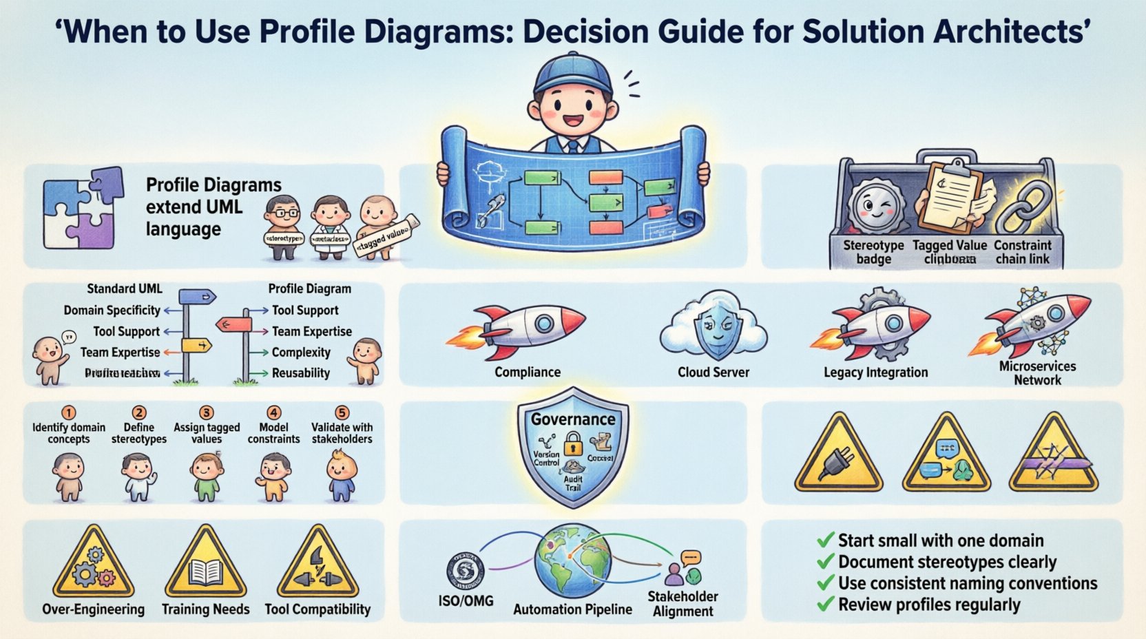 Chibi-style infographic decision guide for solution architects on when to use UML profile diagrams, featuring core components (stereotypes, tagged values, constraints), decision matrix comparing standard vs extended modeling, strategic use cases for regulatory compliance and cloud infrastructure, five-step implementation process, governance protocols, common pitfalls to avoid, and best practices checklist - all illustrated with cute chibi characters and icons for intuitive visual learning