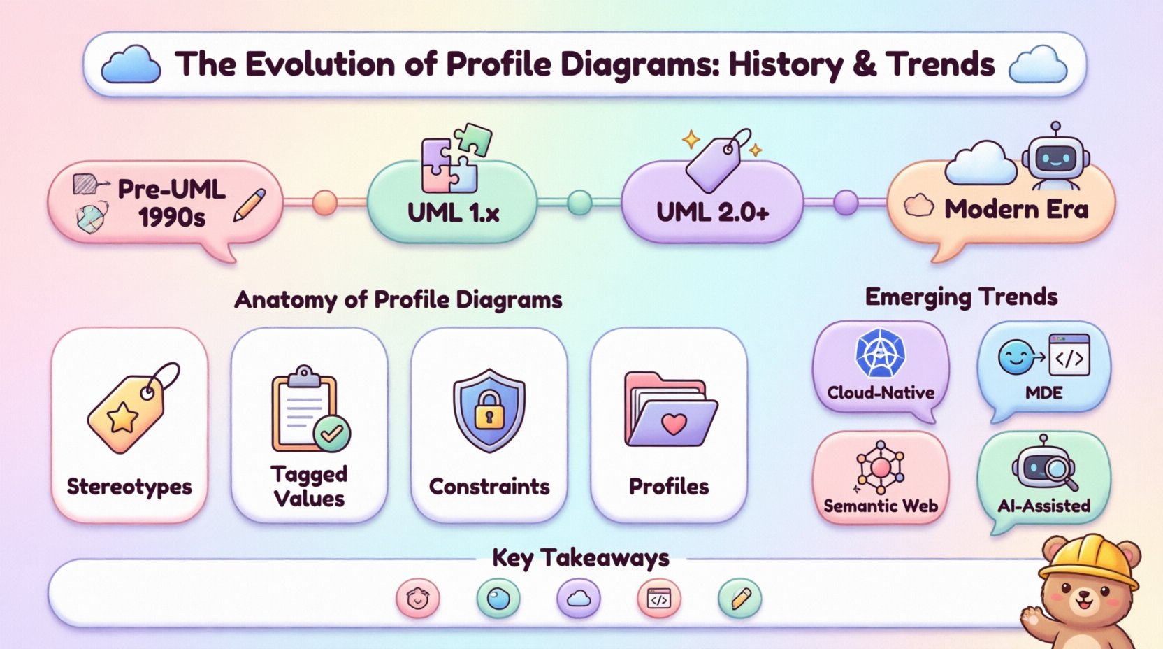 Kawaii-style infographic illustrating the evolution of profile diagrams from pre-UML 1990s to modern AI-driven era, featuring a pastel-colored timeline, cute vector icons for stereotypes and tagged values, emerging trends like cloud-native and AI-assisted modeling, and key takeaways, all in simplified rounded shapes with soft pink, mint, lavender, and peach tones on a 16:9 horizontal layout