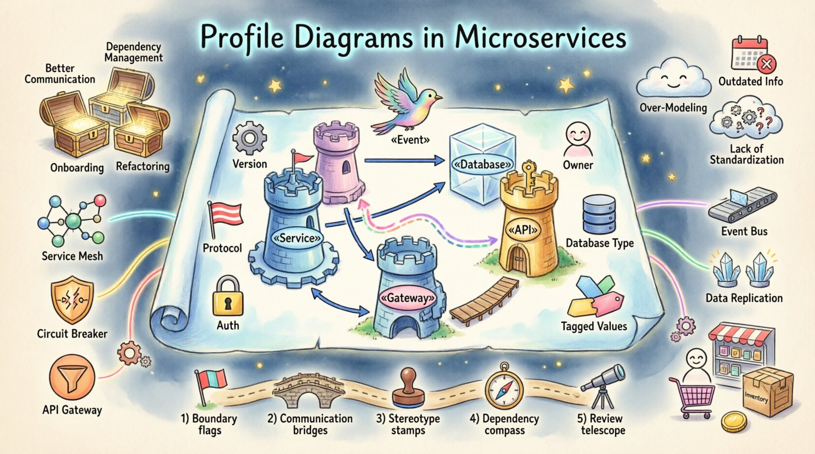Whimsical infographic illustrating profile diagrams for microservices architecture, featuring UML stereotypes (Service, API, Database, Gateway, Event), tagged values, communication patterns, common structures like API Gateway and Event Bus, step-by-step modeling process, benefits, pitfalls, and an e-commerce case study in a playful colorful watercolor style