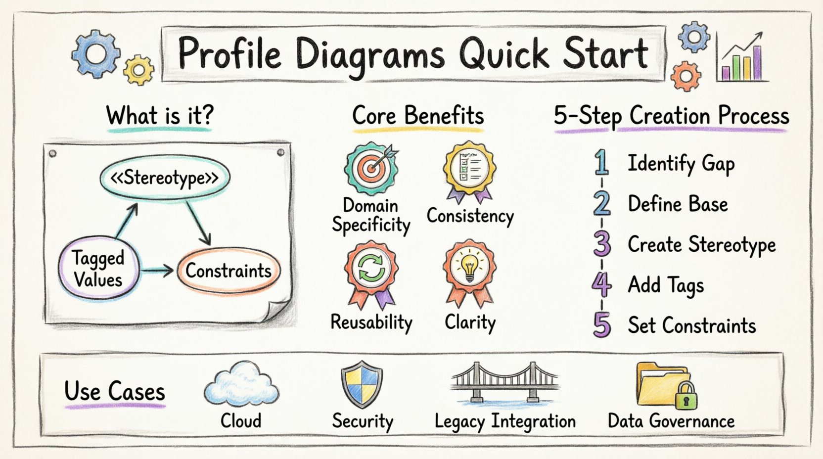 Marker illustration infographic explaining Profile Diagrams for system architecture: shows core components (stereotypes, tagged values, constraints), five-step creation process, four key benefits (domain specificity, consistency, reusability, clarity), and common use cases including cloud architecture, security modeling, legacy integration, and data governance, all in vibrant hand-drawn style with clear English labels on 16:9 layout