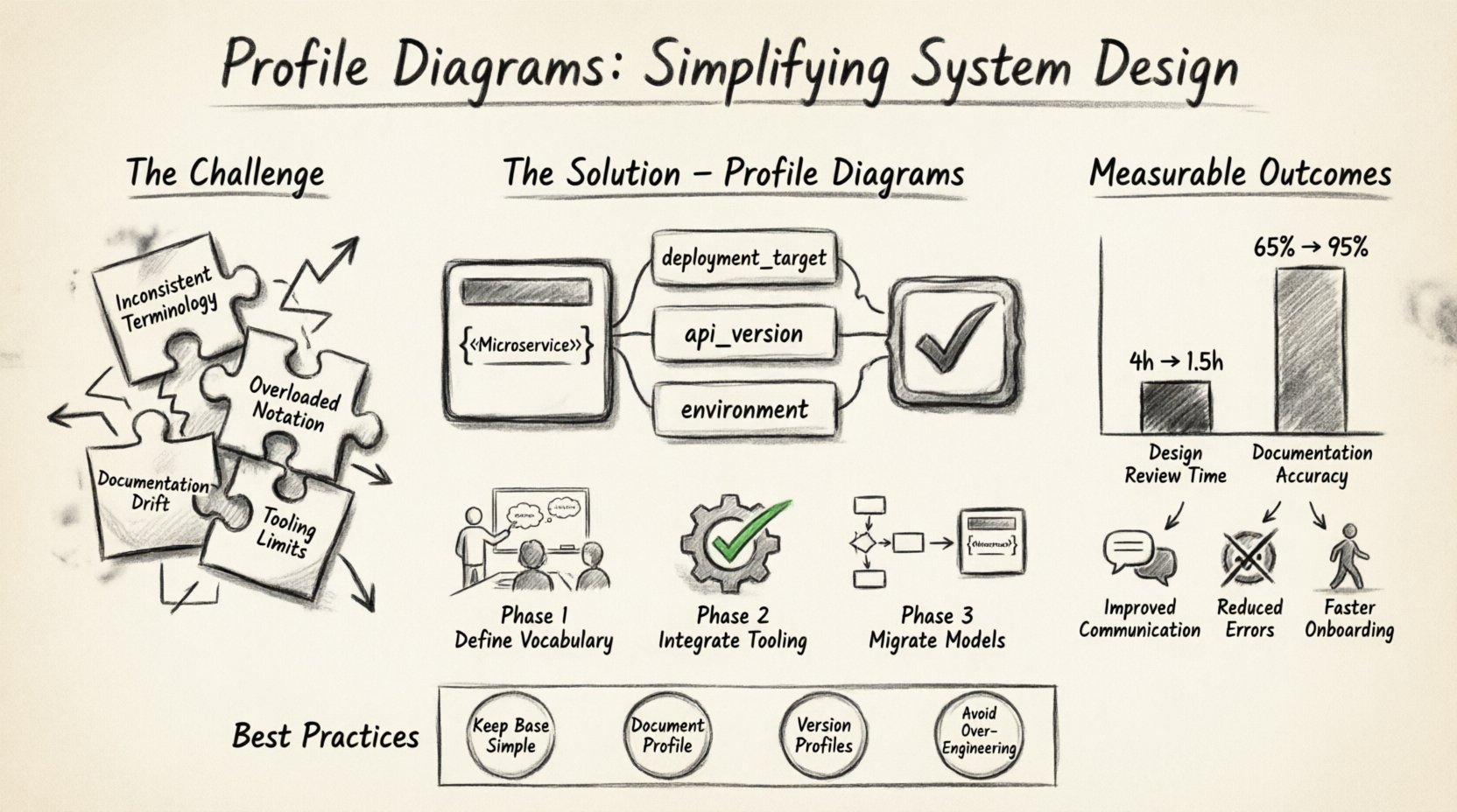 Charcoal contour sketch infographic showing how UML profile diagrams simplify enterprise system design: visualizes challenges like inconsistent terminology and documentation drift, core components including stereotypes tagged values and constraints, three-phase implementation workflow, and measurable outcomes such as 62% faster design reviews and 95% documentation accuracy