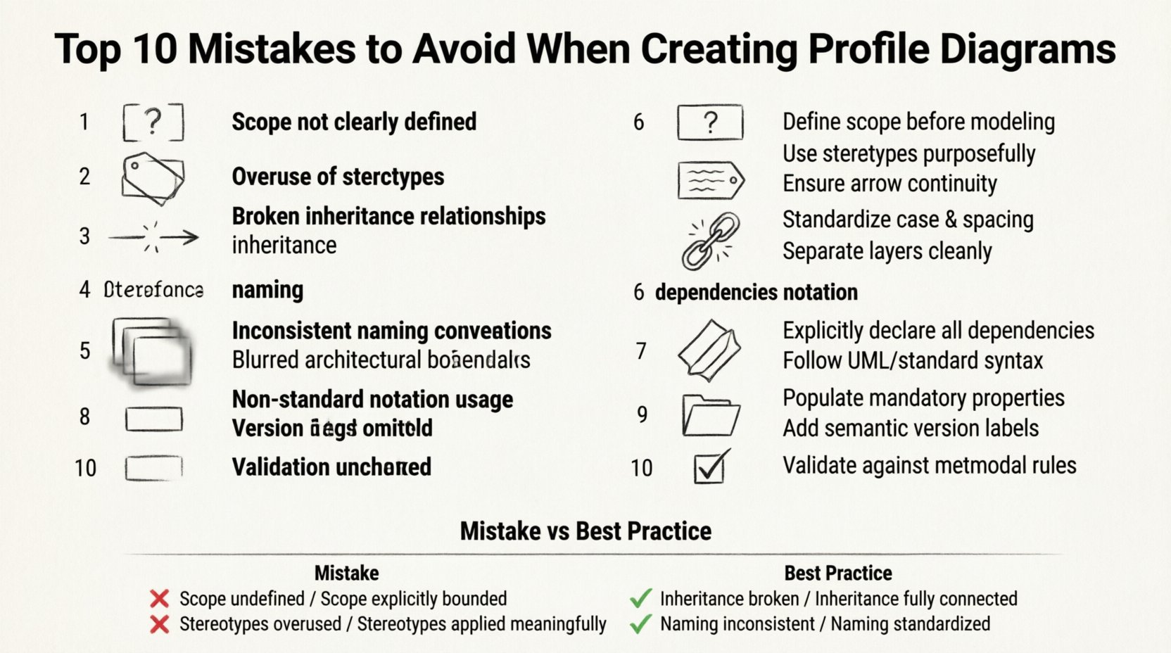 Line art infographic illustrating the top 10 mistakes to avoid when creating UML profile diagrams: ambiguous scope definition, excessive stereotype usage, incorrect inheritance structures, inconsistent naming conventions, blurred architecture layers, ignored dependency management, deviated standard notation, omitted property metadata, neglected version control, and skipped validation procedures - with concise best practice solutions for each