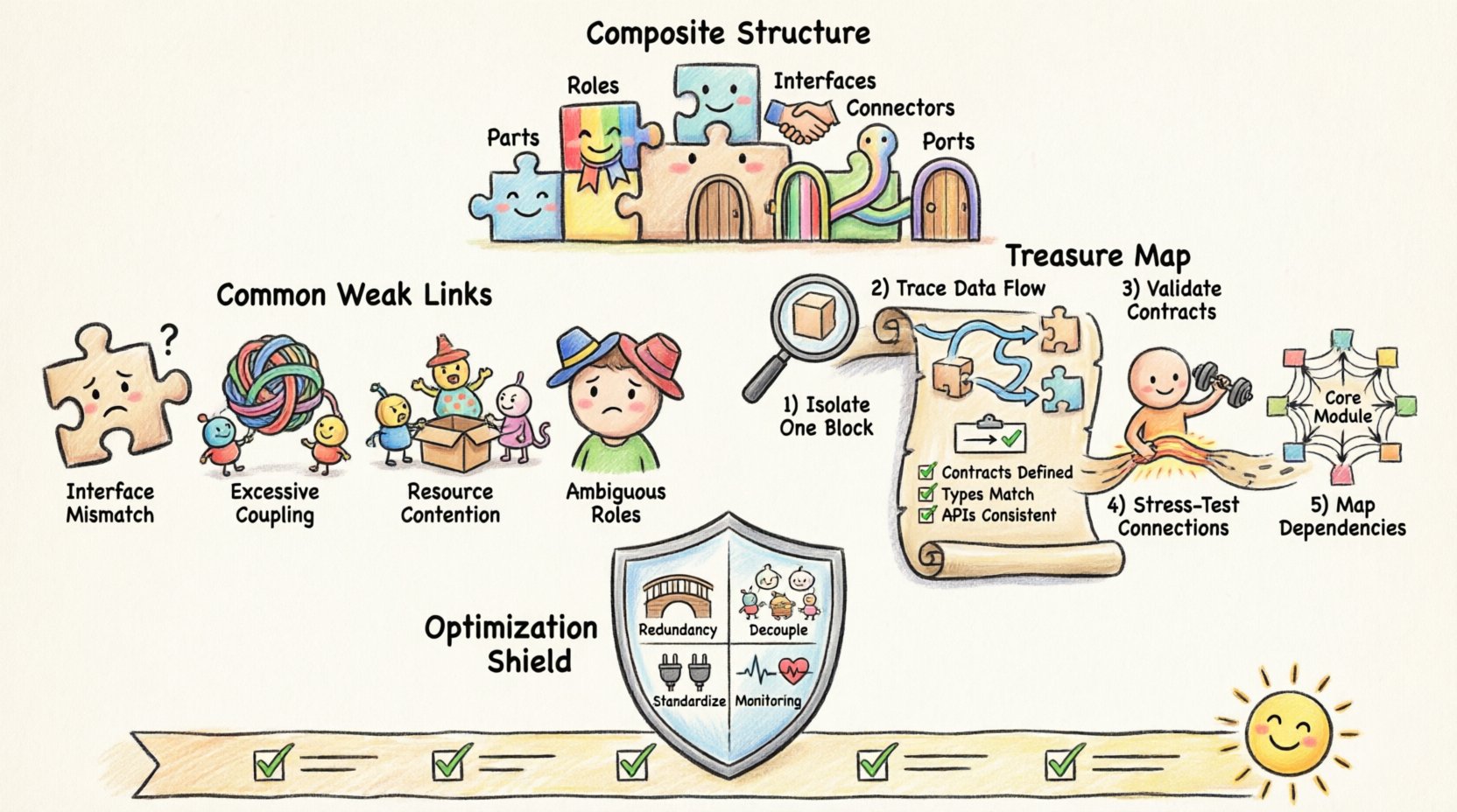 Child's drawing style infographic illustrating how to troubleshoot weak links in composite structure design, featuring a puzzle-piece castle blueprint with Parts, Roles, Interfaces, Connectors, and Ports; common failure points like interface mismatches, excessive coupling, resource contention, and ambiguous roles shown as playful cartoons; a five-step troubleshooting treasure map with isolation, data flow tracing, contract validation, stress testing, and dependency review; plus optimization strategies with friendly icons for redundancy, decoupling, standardization, and monitoring - all rendered in bright crayon colors with hand-drawn whimsical aesthetic on 16:9 canvas