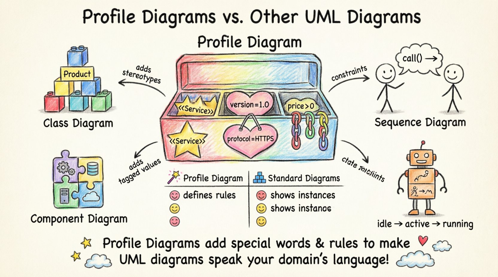 Child-style crayon drawing infographic comparing UML Profile Diagrams to standard UML diagrams, featuring a colorful toolbox with stereotypes as star stickers, tagged values as name tags, and constraints as rainbow chains, surrounded by playful illustrations of Class, Sequence, Component, and State Machine diagrams enhanced by profile extensions, with simple comparison table and key takeaway about domain-specific modeling vocabulary