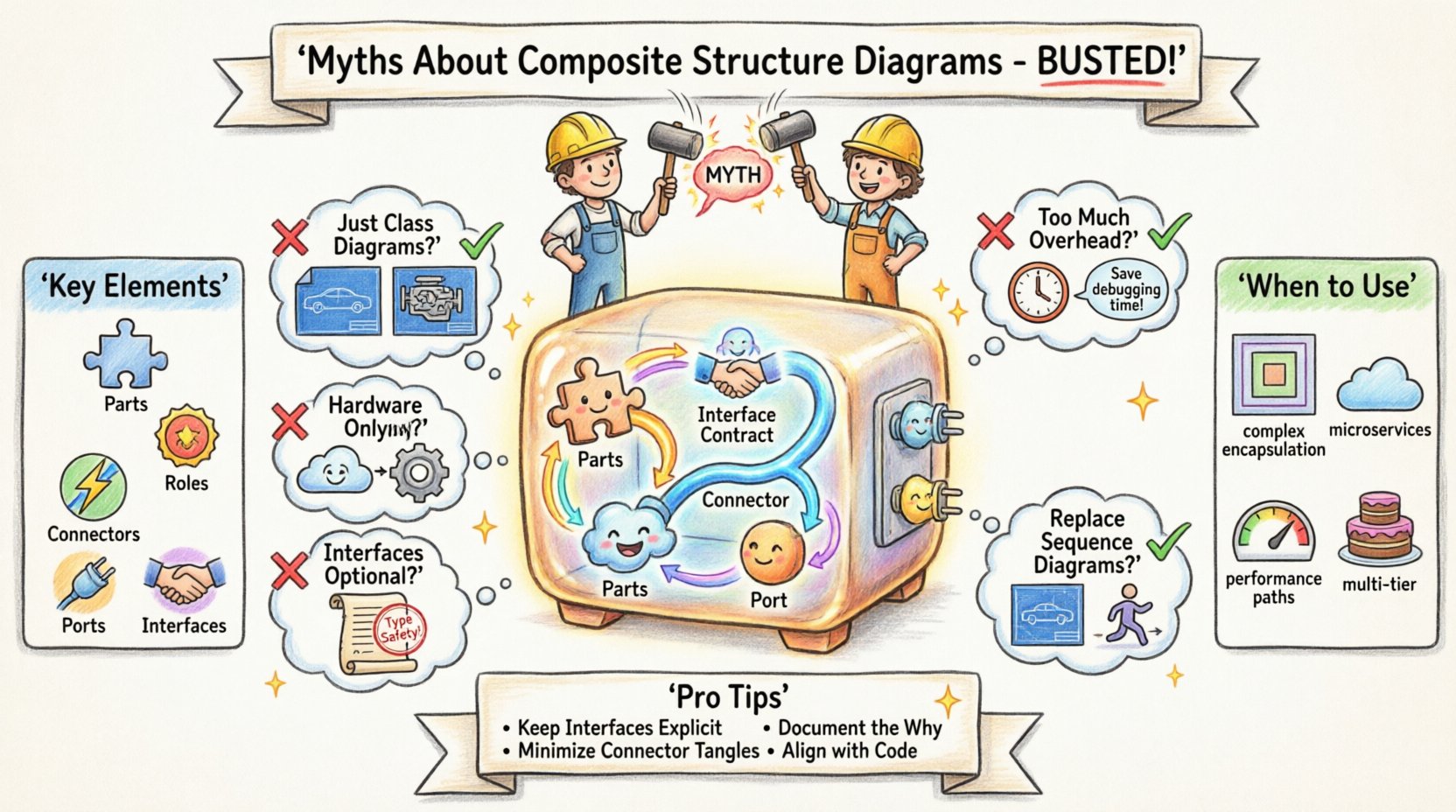 Whimsical infographic busting 5 common myths about UML Composite Structure Diagrams: features a magical cutaway classifier illustration showing parts, ports, connectors, and interfaces; clarifies key differences from Class and Component Diagrams; highlights ideal use cases for complex encapsulation, microservices, and performance-critical systems; includes architect pro tips on explicit interfaces, connector management, and documentation best practices for robust software architecture
