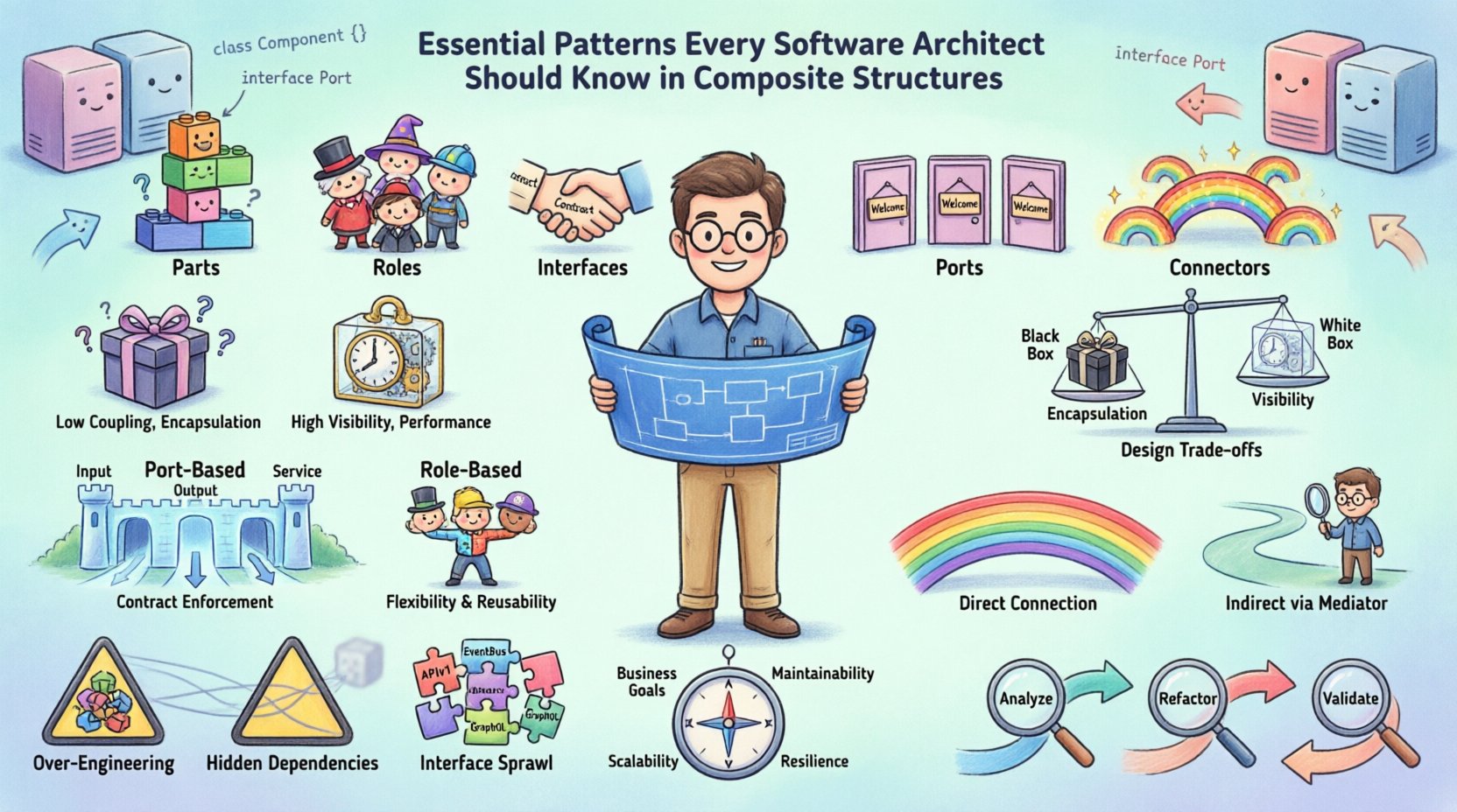 Whimsical infographic illustrating essential composite structure patterns for software architects: featuring playful visuals of Black Box, White Box, Port-Based, and Role-Based architectural patterns with key elements like parts, roles, interfaces, ports, and connectors; includes comparison table, connection types, common pitfalls to avoid, and iterative refinement cycle in a colorful hand-drawn style