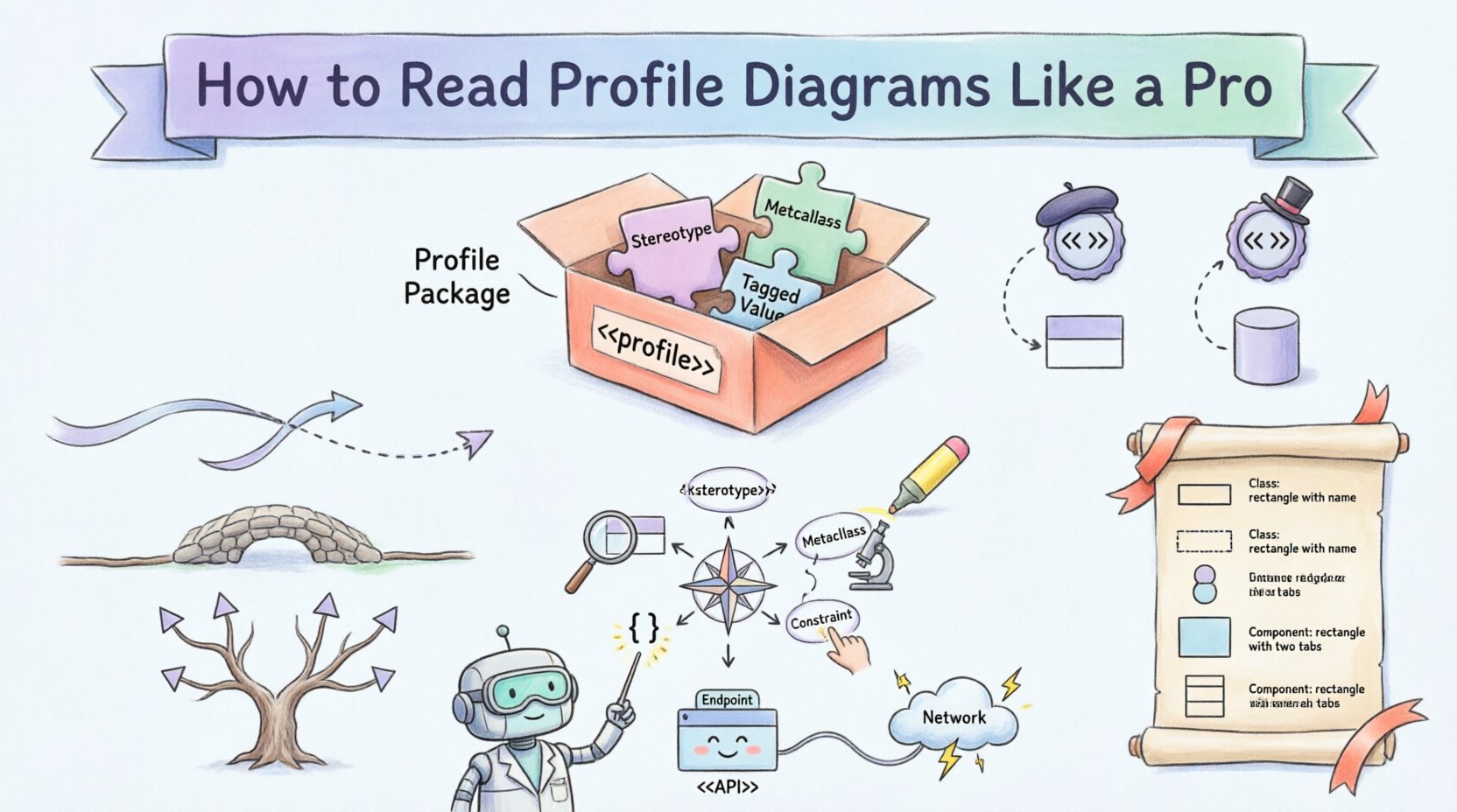 Whimsical infographic guide showing how to read and interpret UML Profile Diagrams: features colorful illustrations of Profile Packages, Stereotypes with guillemets, Metaclasses, Constraints in braces, and Tagged Values; depicts relationship types including Dependency dashed arrows, Association bridges, and Generalization family trees; includes a 5-step compass guide for decoding diagrams, notation reference tables, and a practical Web Service API example with Endpoint tags; designed with playful hand-drawn style, pastel colors, and friendly characters to make software architecture concepts accessible and engaging