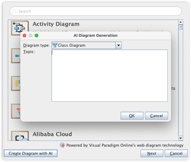 AI Diagram Generation dialog for creating Class Diagrams.